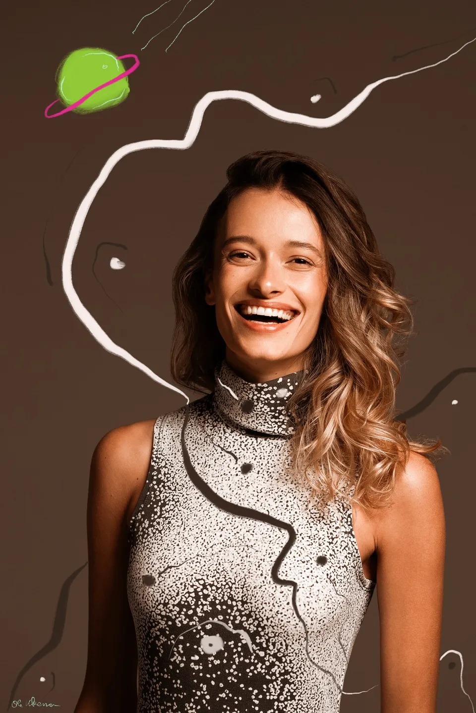 Deer Jade — Smiling portrait, with drawings by Ole Ukena.