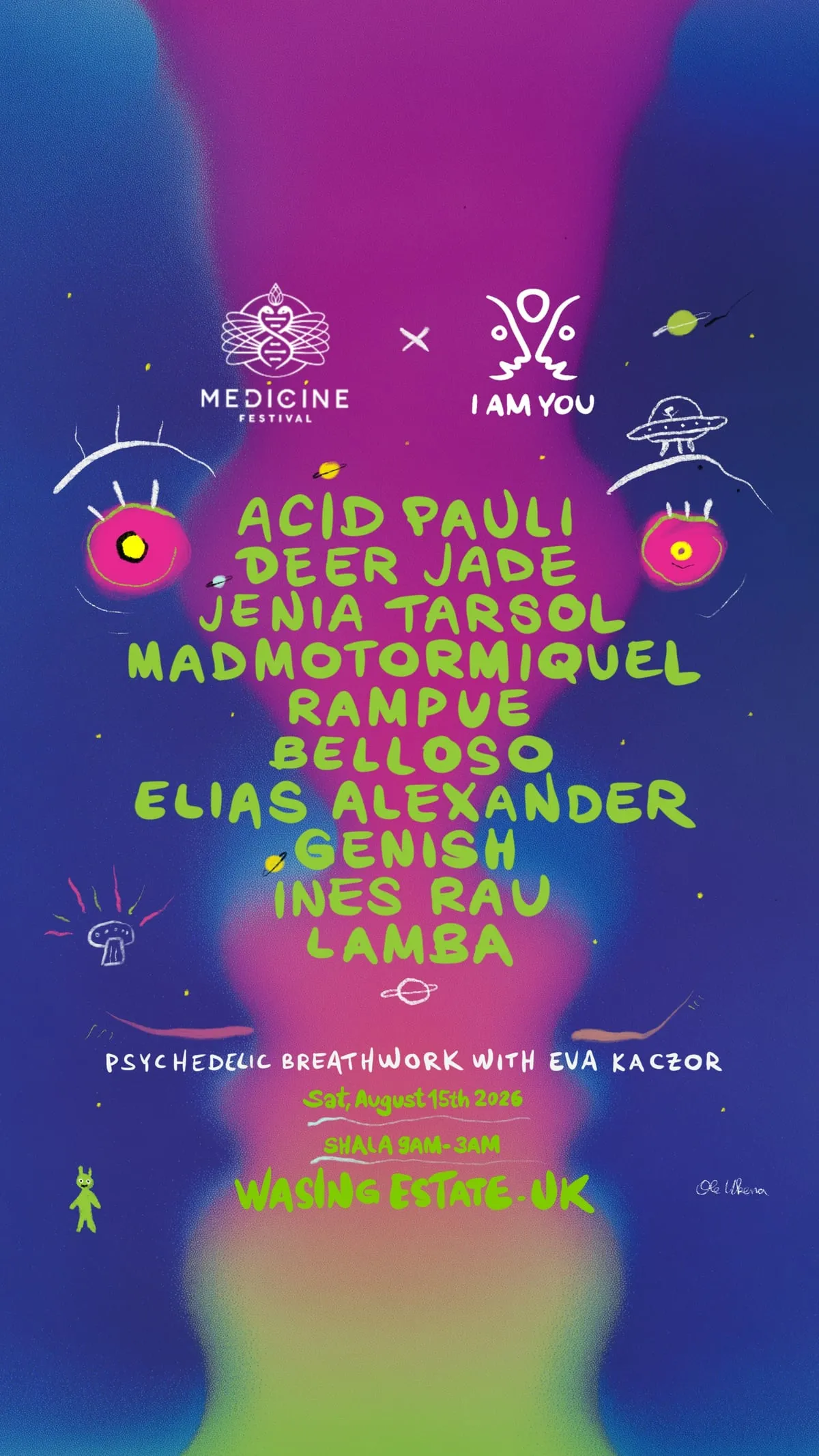 I AM YOU × Medicine Festival programme: ten artists and Psychedelic Breathwork with Eva Kaczor, Shala, 15 August 2026