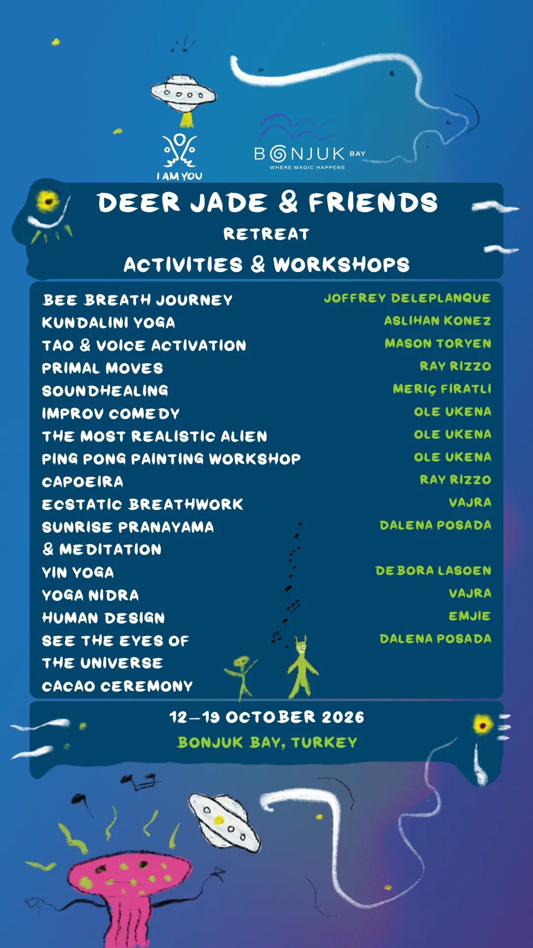 Deer Jade & Friends Retreat — workshop programme, 12–19 October 2026, Bonjuk Bay