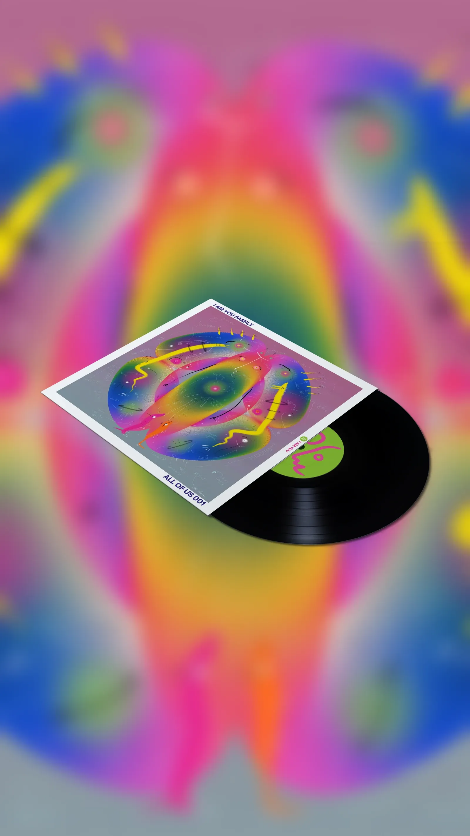 All Of Us 001 framed sleeve with a black vinyl record and green I AM YOU label, floating at an angle in a still mockup