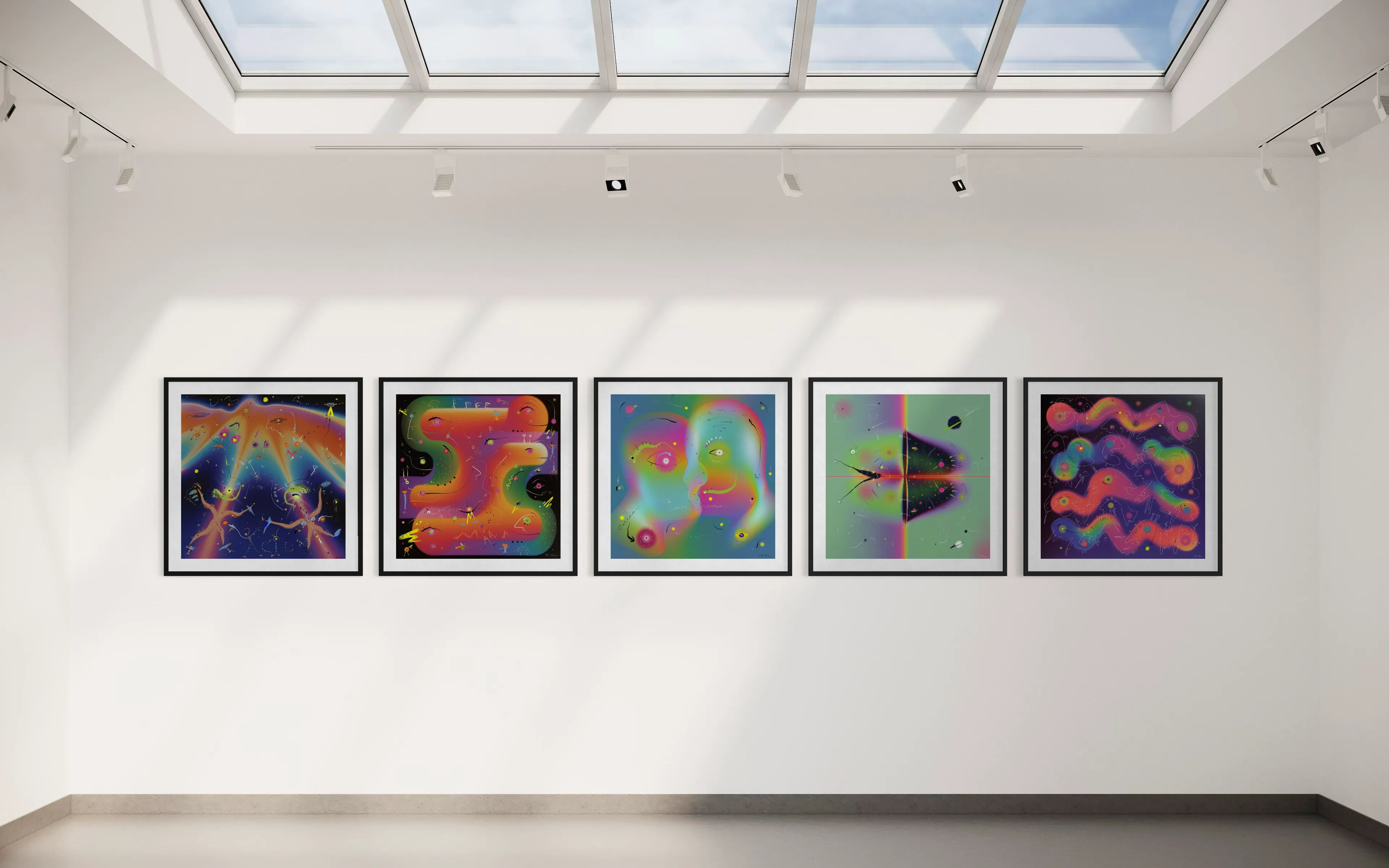 Gallery visualisation of five I AM YOU release artworks in black frames beneath a skylight