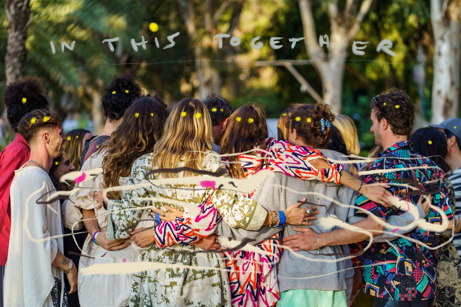 A group embrace beneath the trees with tiny painted eyes and white connecting lines