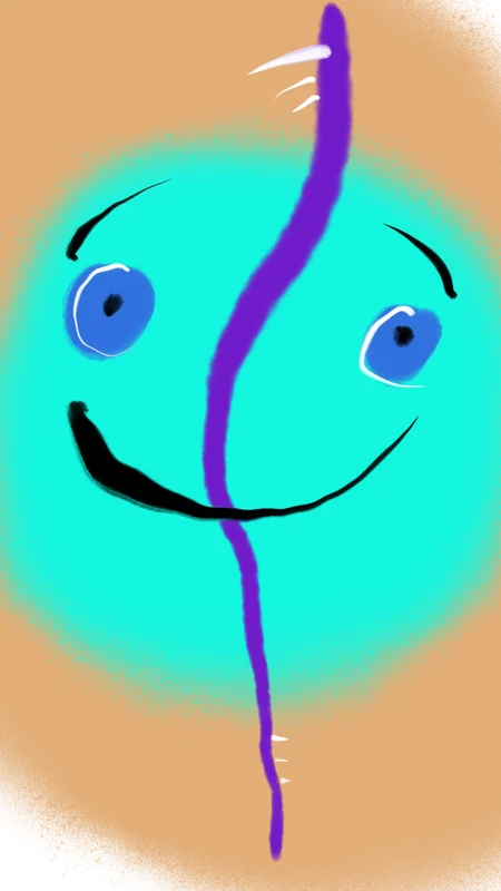 A turquoise painted face split by a purple line, with mismatched blue eyes and a smile.