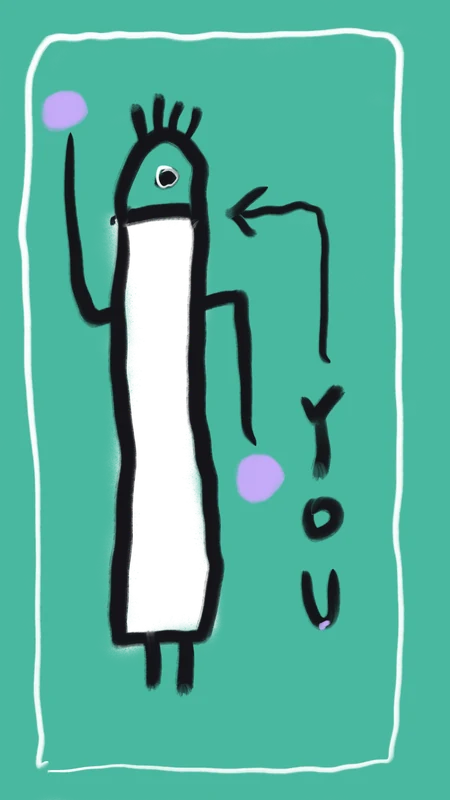 A tall black figure with one eye stands inside a white frame beside a looping arrow.