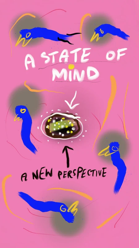 Blue fish and loose yellow lines gather around A State of Mind and A New Perspective.