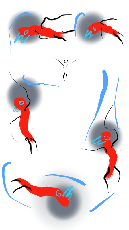 Red fish, blue strokes, and soft grey lights move across a black field.