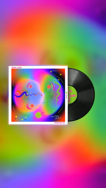 A vinyl record rotates beside the Deer Jade cover while the painted colour field drifts.