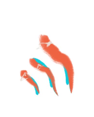 Three orange and cyan hand-painted figures.