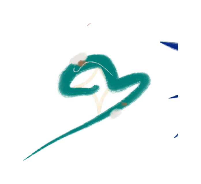 A small teal hand-painted figure and white diamond.