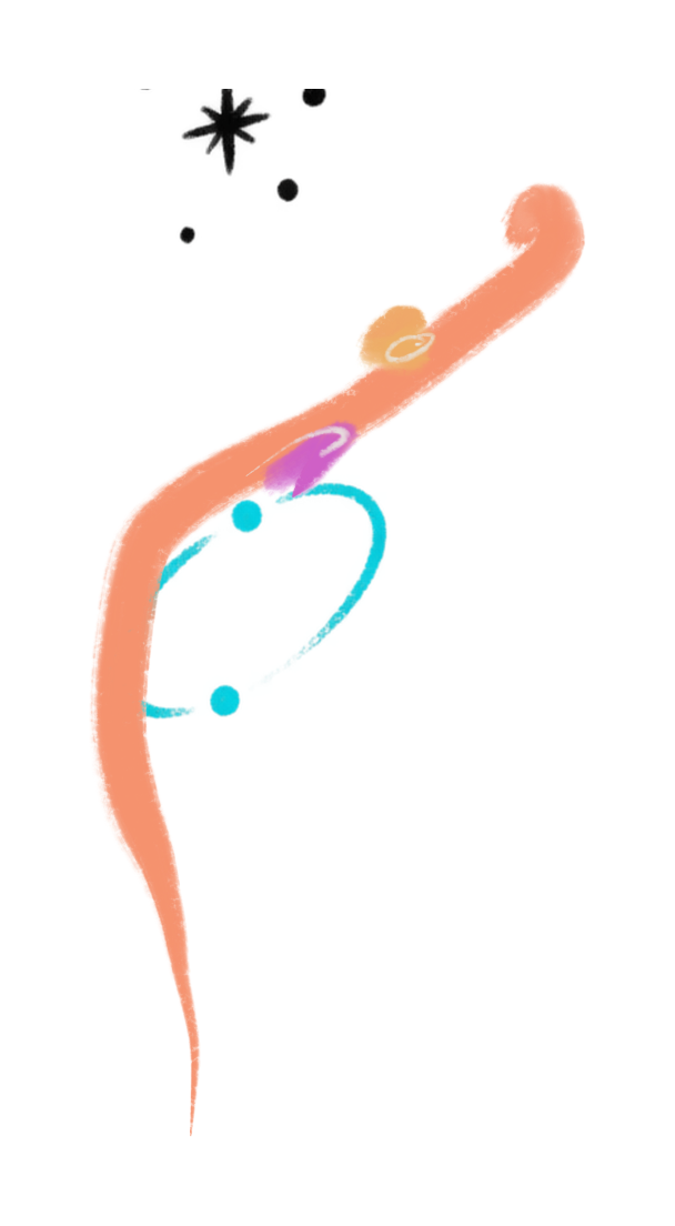 A tall peach hand-painted figure carrying a cyan orbit.